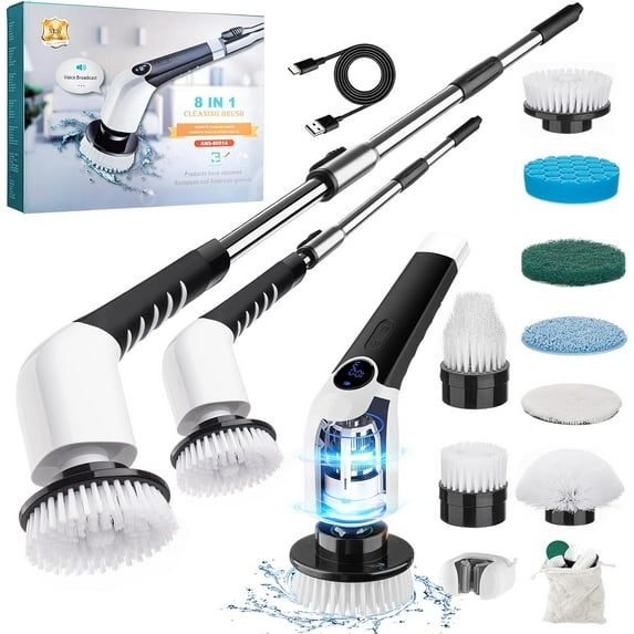 Electric Spin Scrubber, Cordless Bathroom Tub Scrubber with Long Handle & 7 Replaceable Cleaning Heads, Extension as Short Handle, Portable Power Shower Brush Household Tools for Tile Floor