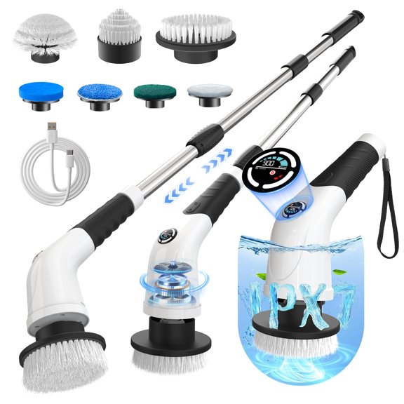 Electric Spin Scrubber, Cordless Cleaning Brush with 180 Min Runtime, 3-Speed, 7 Replaceable Brush Heads & Long Detachable Handle, LCD Display (RPM/Torque/Battery), for Bathroom, Kitchen, Tile