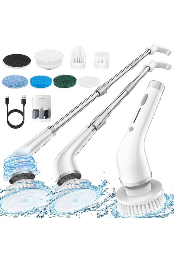 Electric Spin Scrubber, Cordless Cleaning Brush with 2 Adjustable Speeds, Power Scrubber Brush with 7 Replaceable Brush Heads and 51.2” Extension Handle for Bathroom Tub Tile Floor Kitchen Window Car