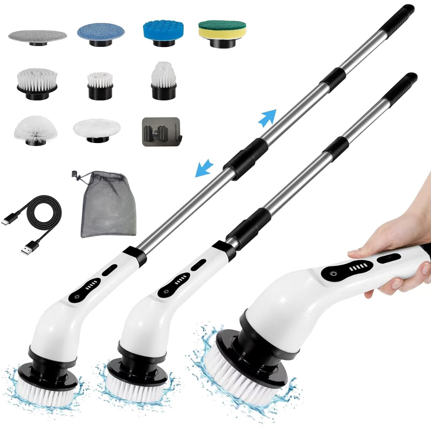 Electric Spin Scrubber, Cordless Cleaning Brush with 2H Power Dual Speed, Adjustable Extension Handle 9 Replaceable Brush Heads, IPX7 Waterproof for Bathroom Tub Tile Floor Car