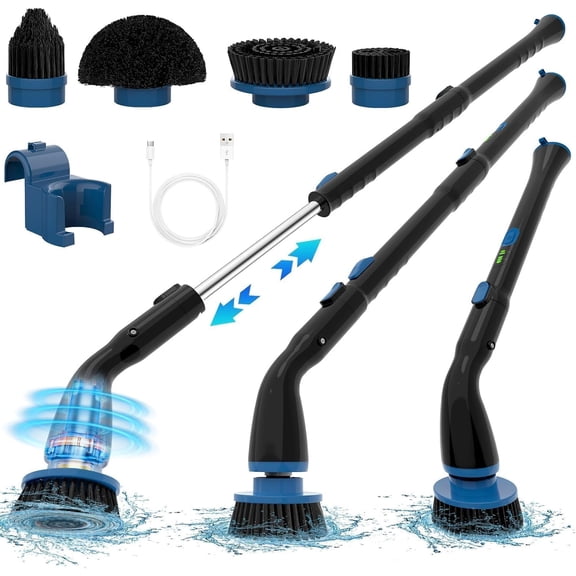 Electric Spin Scrubber, Cordless Cleaning Brush with 4 Replaceable Brush Heads and Adjustable Extension Handle Power Shower Scrubber for Bathroom, Kitchen, Tub, Tile, Floor