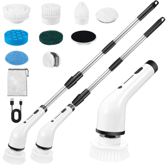 Electric Spin Scrubber, Cordless Cleaning Brush with 7 Replaceable Brush Head, 90Min Work Time 3 Adjustable Handles 2 Adjustable Speeds, Power Scrubbers for Cleaning Bathroom Floor Tub Tile Glass Car
