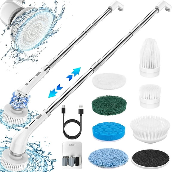 Cordless Electric Spin Scrubber, 2-Speed with 7 Brush Heads & 51.2" Extension Handle, Grey – Power Scrubber for Bathroom, Kitchen, Tub, Tile, Floor Cleaning
