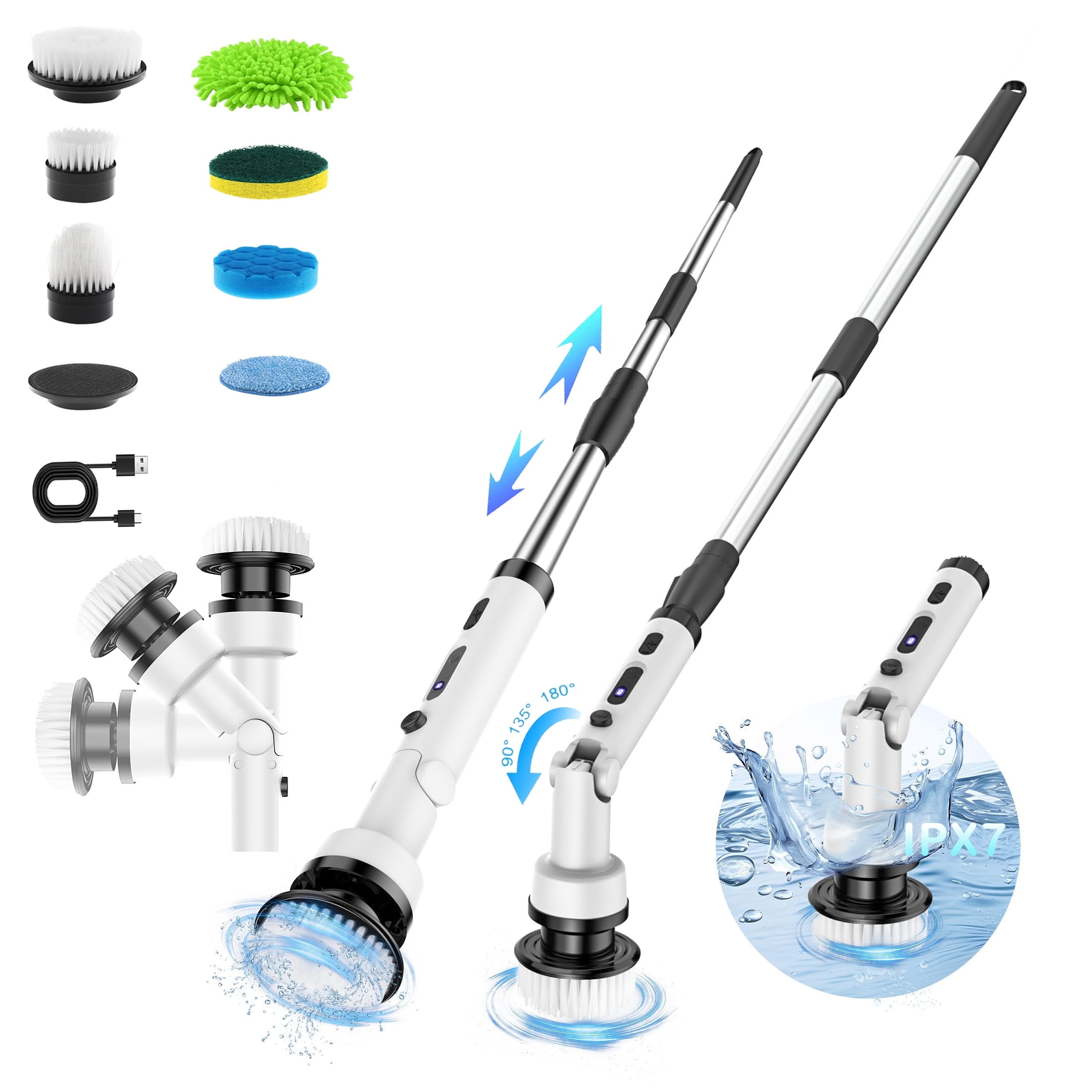 Hoofun Electric Spin Scrubber, Cordless Cleaning Brush with 7 Replaceable Brush Heads, 1.5H Power Dual Speed, Shower Scrubber with Extension Handle for Bathroom Tub Tile Floor Car