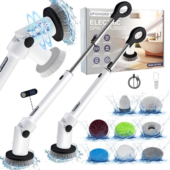 Shower Spin Scrubber, Cordless Electric Cleaning Brush, 8 Replaceable Heads & Adjustable Handle for Bathroom, Kitchen, Floors