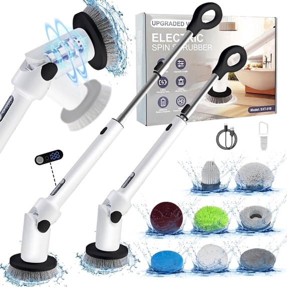 Shower Spin Scrubber, Cordless Electric Cleaning Brush, 8 Replaceable Heads & Adjustable Handle for Bathroom, Kitchen, Floors