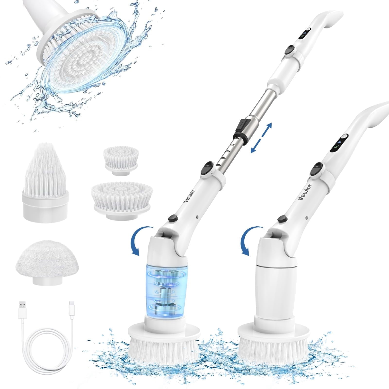 Electric Spin Scrubber, Cordless Cleaning Brush with Display and 3 Adjustable Angle 2 Speeds 4 Replaceable Brush Heads, Electric Cleaning Brush for Floor Bathroom Tub Tile Kitchen Window