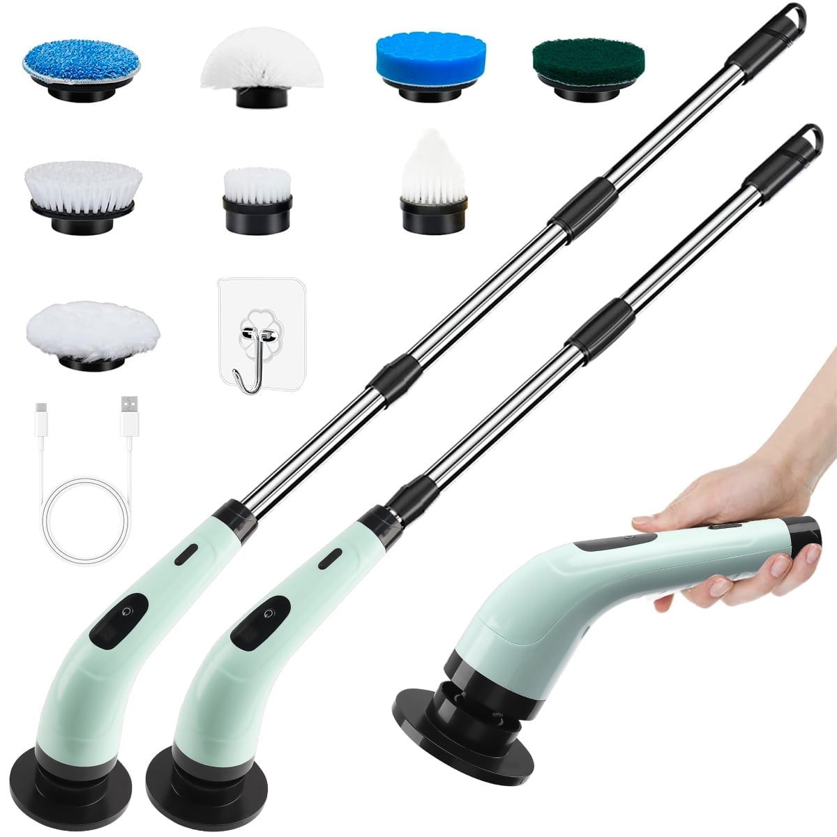 Sesiiduo Electric Spin Scrubber, 8 Replaceable Brush Heads, Shower Cleaner with Extension Handle for Bathroom Tub Tile Floor Car, Blue