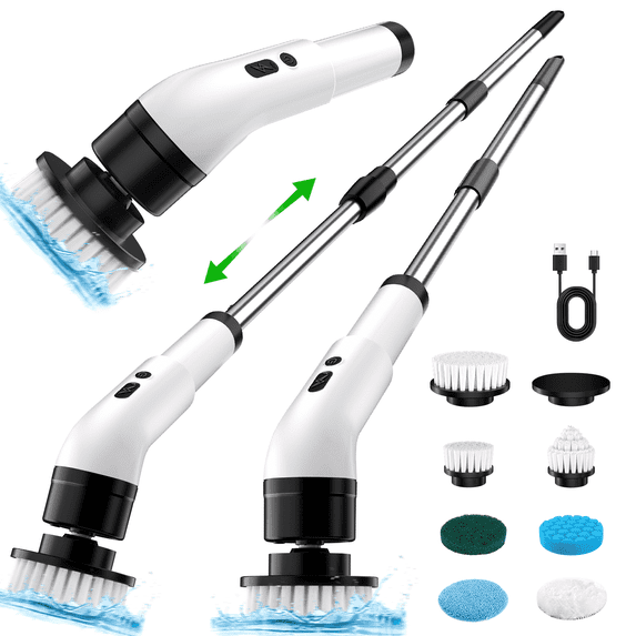 Electric Spin Scrubber Cordless - 500RPM Power Scrubber for Shower Cleaning, Bathroom Scrub Brush with 7 Replaceable Brush Heads & Extendable Handle, 2-Speed Electric Cleaner