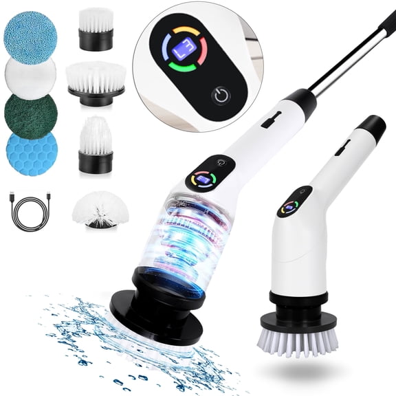 Electric Spin Scrubber,Cordless Cleaning Brush,Shower Cleaning Brush with 8 Replaceable Brush Heads, Power Scrubber 3 Adjustable Speeds,Adjustable & Detachable Long Handle,Voice Broadcast