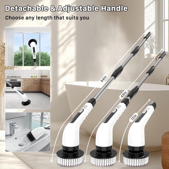 Electric Spin Scrubber, Cordless Cleaning Brush, Shower Scrubber with 7 Replaceable Brush, 2 Speeds and Adjustable Extension Handle for Bathroom Shower Bathtub Glass Car(White)
