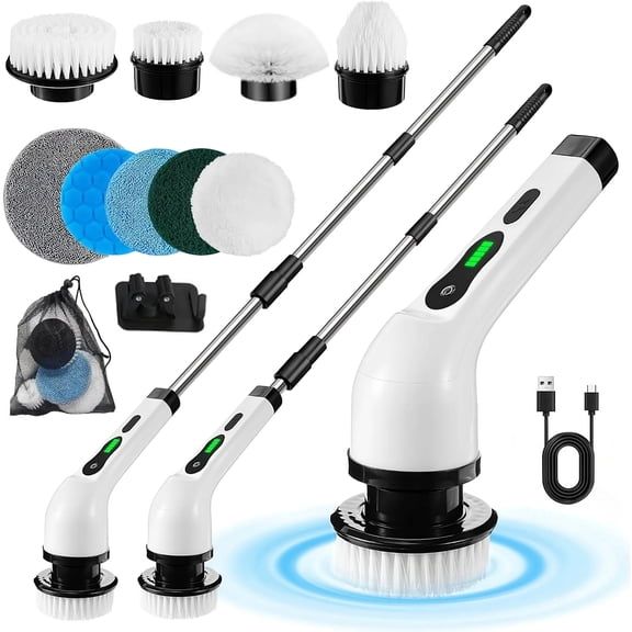Electric Spin Scrubber Cordless, 25W 500RPM Power Scrubber, 9 Replaceable Heads for Shower Tile Grout, Waterproof Scrub Brush with Extension Handle, Dual-Speed Bathroom Kitchen Floor Cleaner