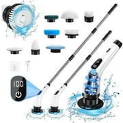 Electric Spin Scrubber - Cordless Cleaning Brush with 8 Heads & Long Handle Power Shower Scrubber for Bathroom Kitchen Tile Floor, White