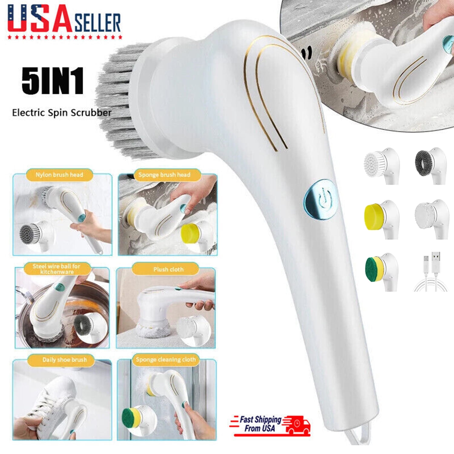 SZRSTH Electric Spin Scrubber 450RPM Cordless Power Scrubber with Adjustable Handle 8 Heads Shower Cleaning Brush for Bathroom Floor