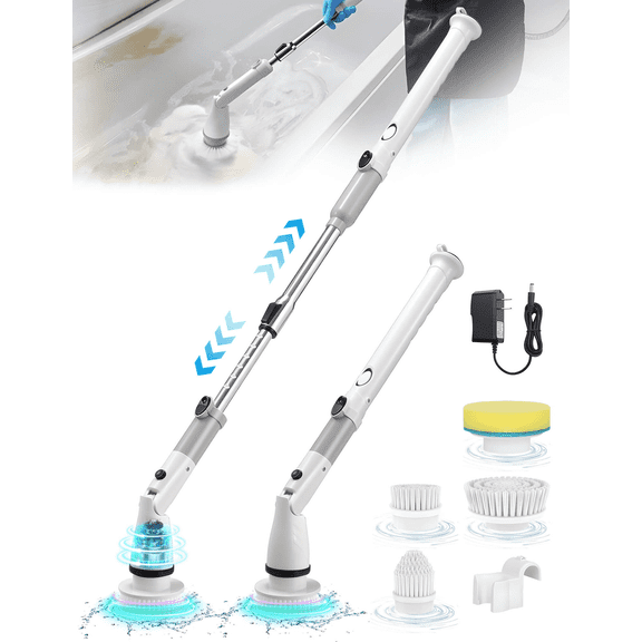 Electric Spin Scrubber with Adjustable Angle ＆ Extension Handle, IPX7 Waterproof Cordless Shower Cleaning Brush, High Speed Power Scrubber with 4 Brush Heads for Bathroom, Tile, Tub, Glass & Sink