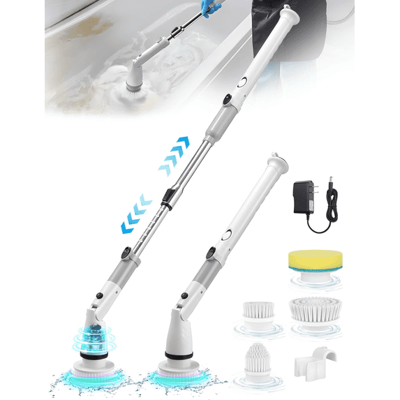 Electric Spin Scrubber with Adjustable Angle & Extension Handle, IPX7 Waterproof Cordless Shower Cleaning Brush, High Speed Power Scrubber with 4 Brush Heads for Bathroom, Tile, Tub, Glass & Sink