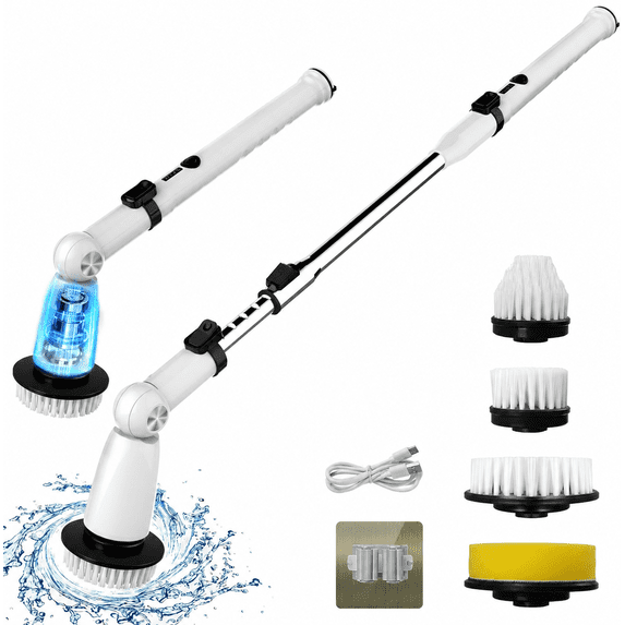 Electric Spin Scrubber, Cordless Power Shower Cleaner with Extendable Handle, Dual Speed & USB-C Quick Charge, 4 Replaceable Brush Heads Cleaning Brush for Bathtub, Tile, Grout, Floor, Sink