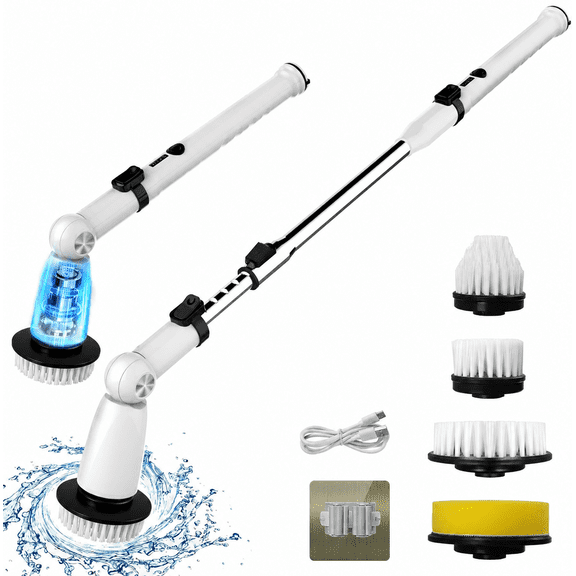 Electric Spin Scrubber, Cordless Power Shower Cleaner with Extendable Handle, Dual Speed & USB-C Quick Charge, 4 Replaceable Brush Heads Cleaning Brush for Bathtub, Tile, Grout, Floor, Sink
