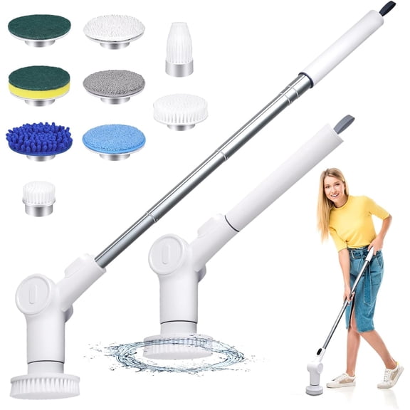 Electric Spin Scrubber Cordless Powerful Scrub Brush with 9 Replaceable Brush Heads for Cleaning Bathroom, Kitchen, Shower Tub and Floor Tile with Adjustable Extension Long Handle-White