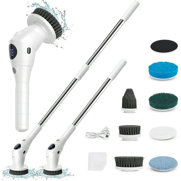 Electric Spin Scrubber, Cordless Shower Scrubber with 7 Replacement Head, 3 Adjustable Speed Power Scrubber, Bathroom Scrubber Cleaning Brush with Extension Handle for Bathtub Floor Tile Grout