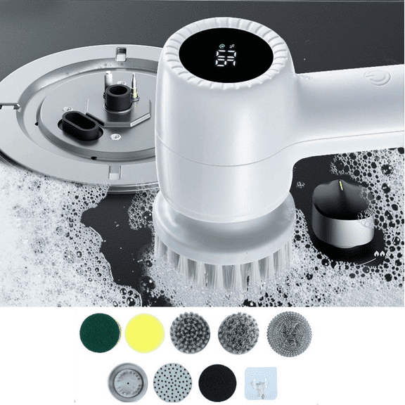 Electric Spin Scrubber, Cordless Shower Scrubber with Battery Level Display, 2 Speeds Electric Scrubber for Cleaning with 6 Replaceable Heads, Cleaning Brush for Bathroom/Sink/Window