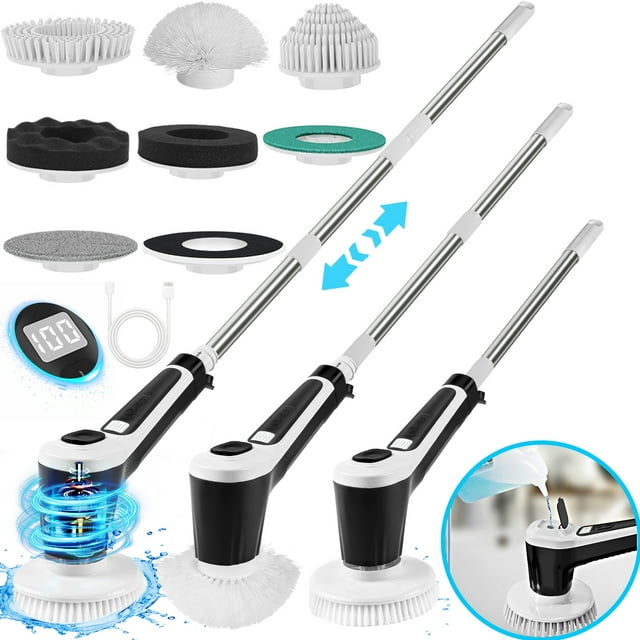 Electric Spin Scrubber, Cordless Shower Scrubber with Long Handle & 7 Brush Heads,Shower