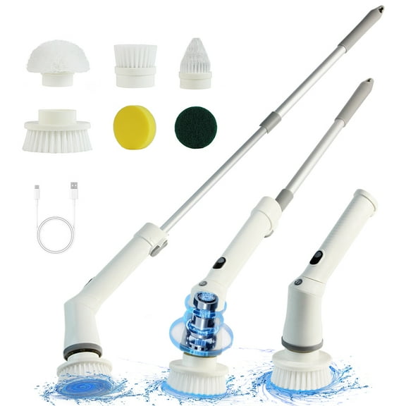 Electric Spin Scrubber, Cordless Shower Scrubber with 6 Brush Heads - 2H Dual Speed, Waterproof Extension Handle for Bathroom Tile Car Cleaning