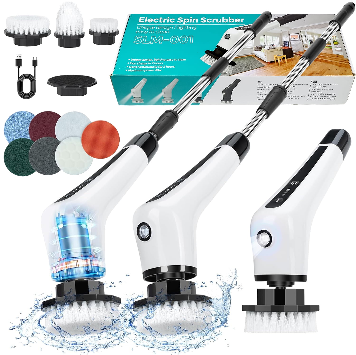 Electric Spin Scrubber, Cordless Spin Scrubber with Light, Adjustable Extension Handle for Bathtub Grout Tile Floor with 10 Replaceable Cleaner Brush
