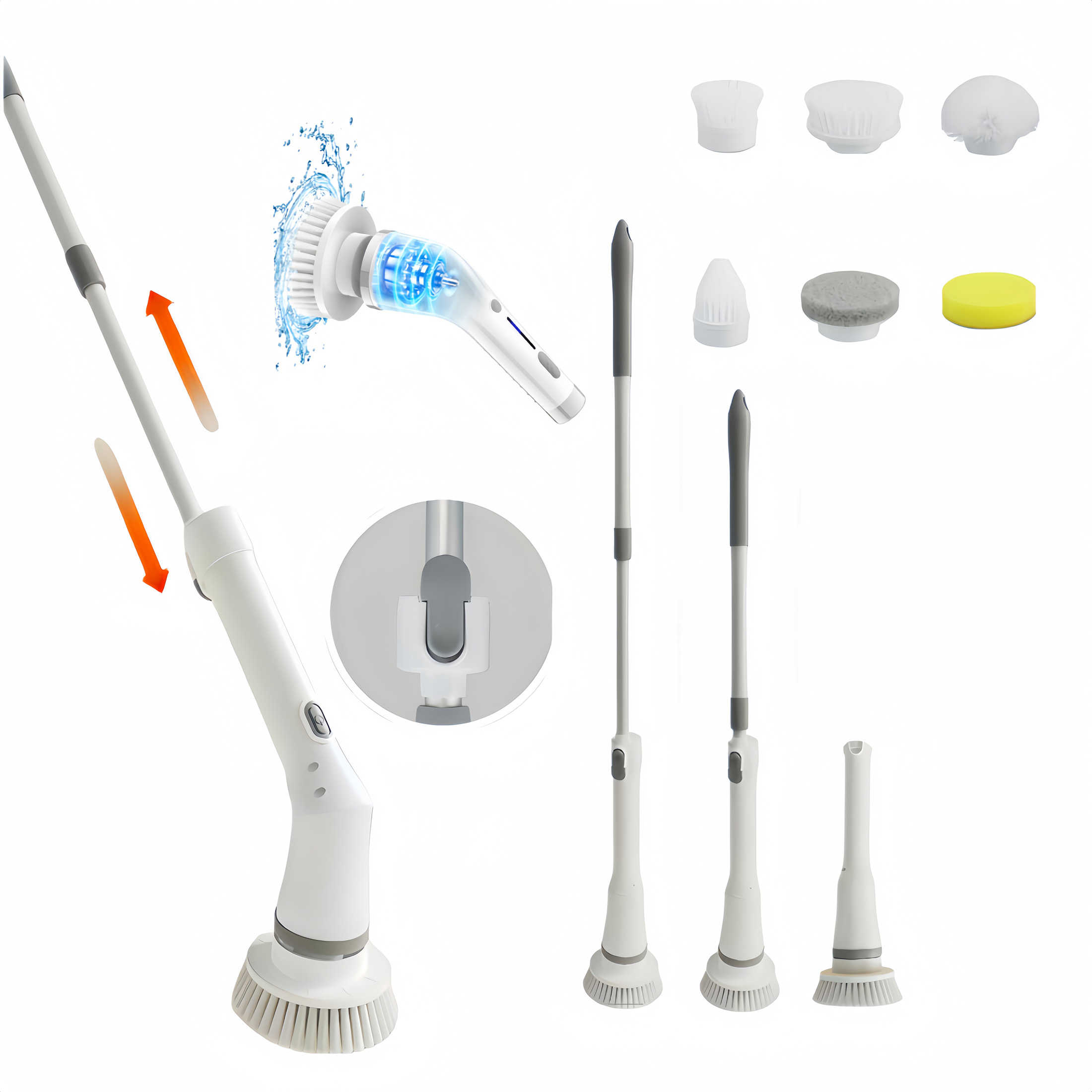 Electric Spin Scrubber, Cordless Tub and Tile and Car Scrubber  with 6 Replaceable Brush Heads, Power Scrubber 2 Adjustable Speeds,Adjustable & Detachable Long Handle, low-noiseWhite