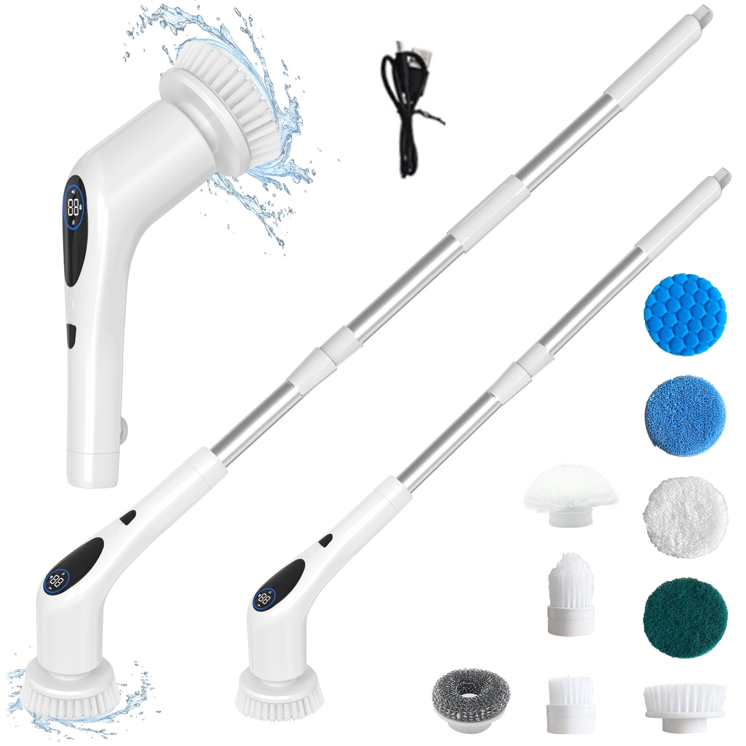 Electric Spin Scrubber , Cordless Voice Guidance Shower Scrubber, 9 Replaceable Brush Heads, Adjustable and Detachable 3-Speed LED Display Shower Brush.（White）