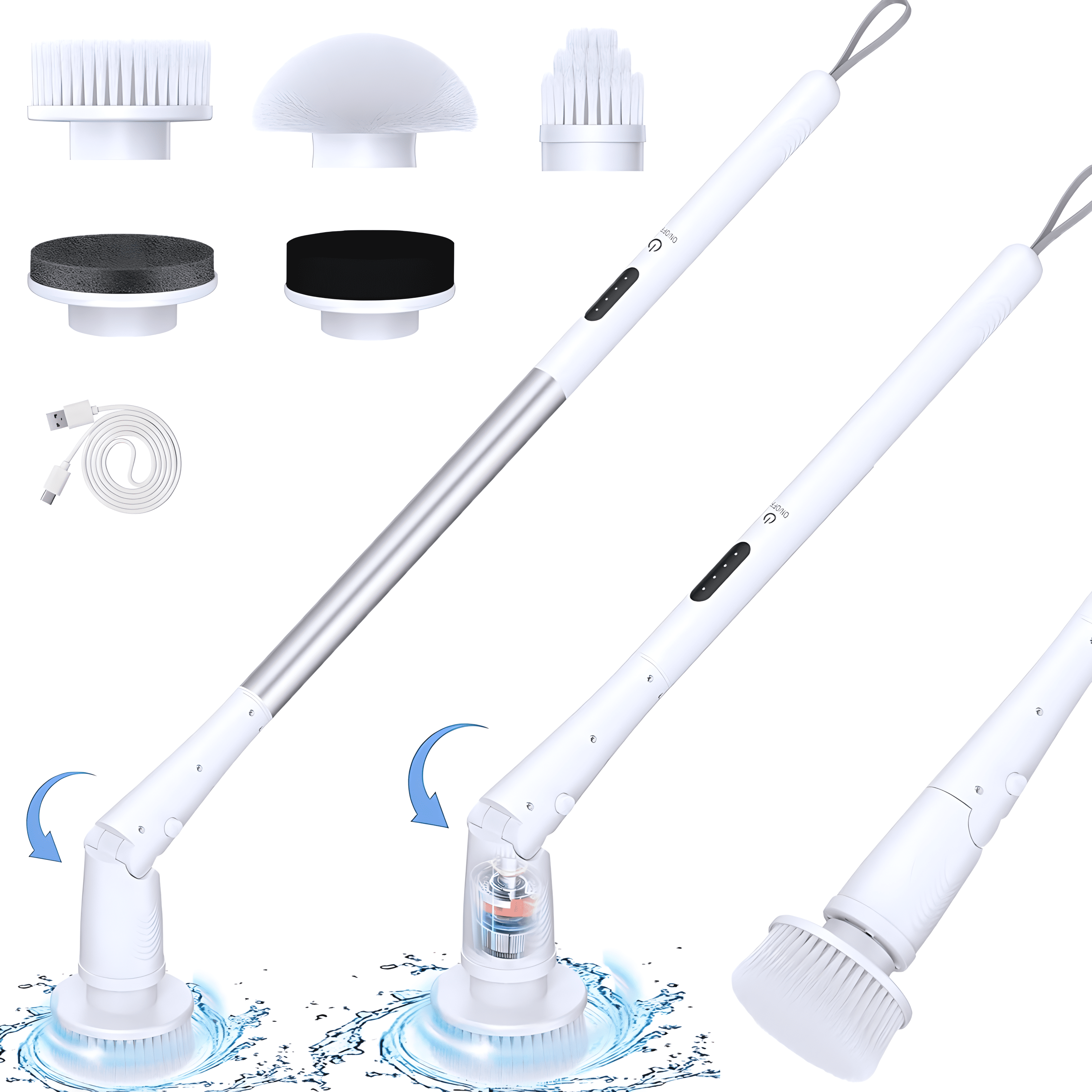 Electric Spin Scrubber,DLD Cordless Shower Cleaning Brush with 5 Replacement Heads, 3 Adjustable Angle, with Extension Arm for Bathroom, Tub, Tile, Floor, Glass