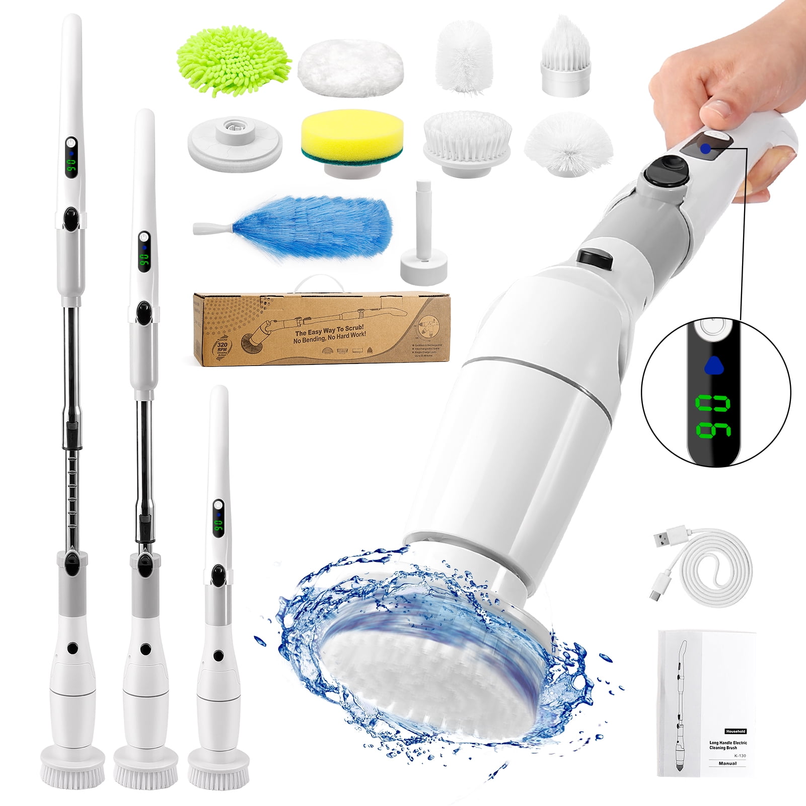 Electric Spin Scrubber with Display,Cordless Shower Power Cleaning Brush with 9 Replaceable Heads,2 Adjustable speeds,3 Adjustable Extension Handle for Bathroom,Floor,Tile,Glass,Tub