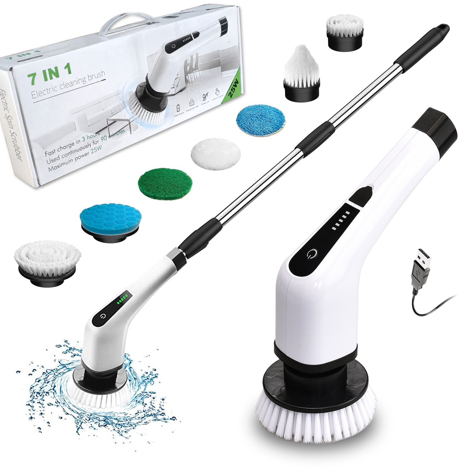 Wireless White and Black Plastic Electric Spin Scrubber with Extension Handle