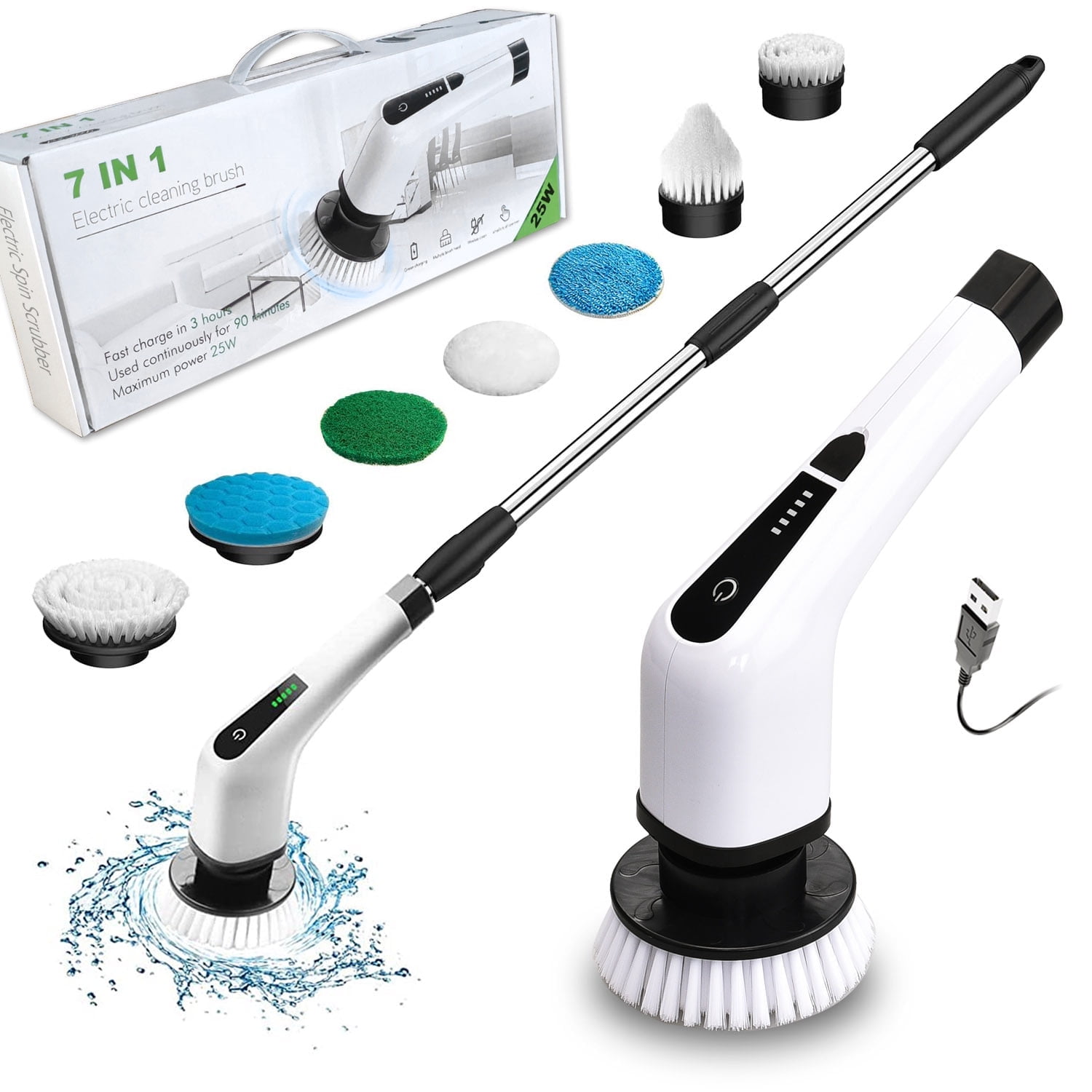 Wireless White and Black Plastic Electric Spin Scrubber with Extension Handle