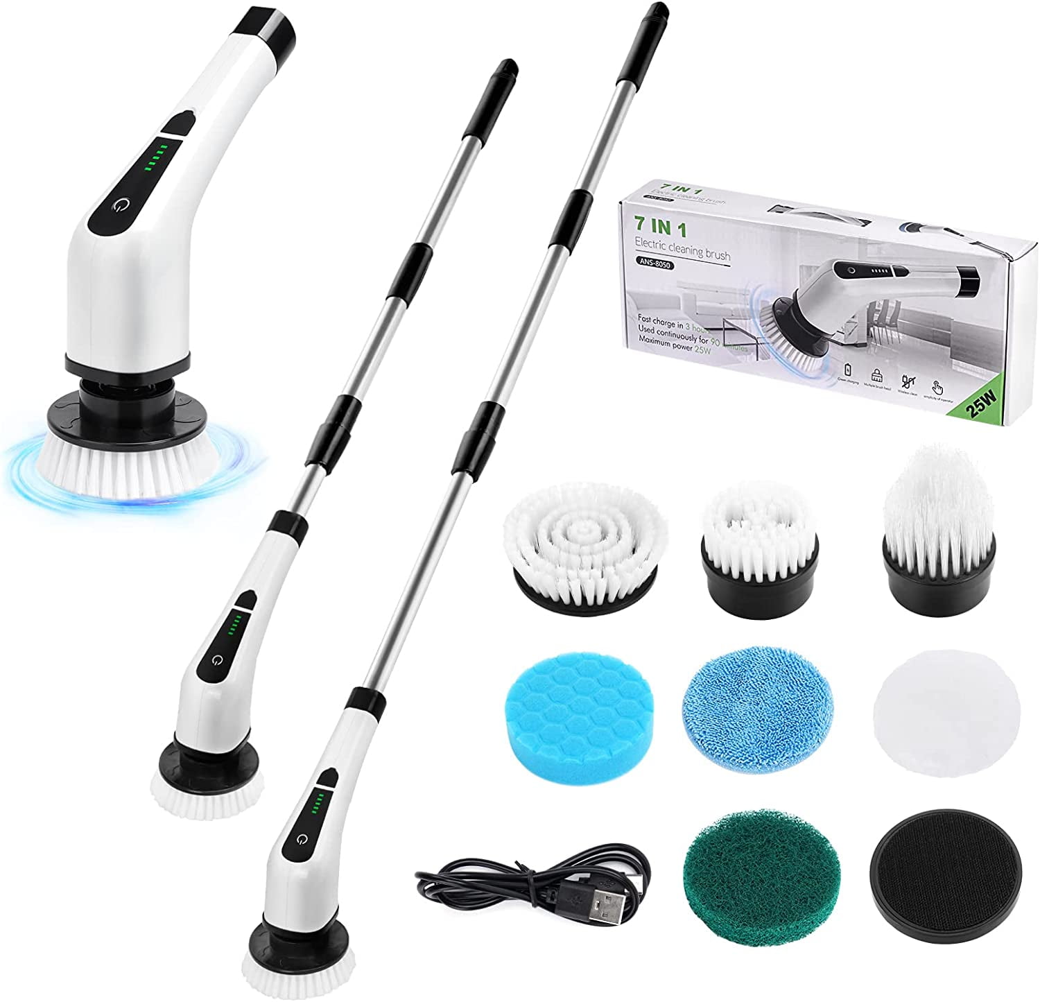 Cordless Electric Spin Scrubber with Adjustable Extension Arm and 7 Brush Heads