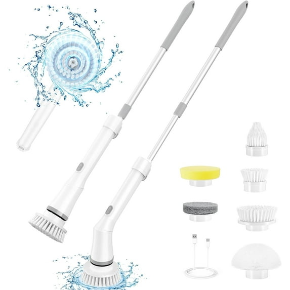 Electric Spin Scrubber,Electric Shower Scrubber with Long Handle for Cleaning,Cordless Cleaning Brush with 6 Replacement Head,2 Adjustable Speeds Power Scrubber for Bathroom Floor Tile