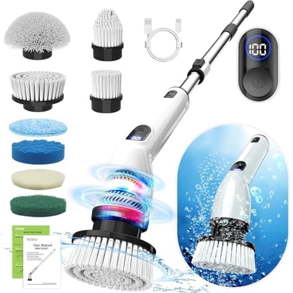 Electric Spin Scrubber, Full-Body IPX7 Waterproof Bathroom Scrubber with Power LCD Display, 8 Replacement Head, Adjustable Extension Handle, Cordless Shower Cleaner Brush for Bathtub Cleaning