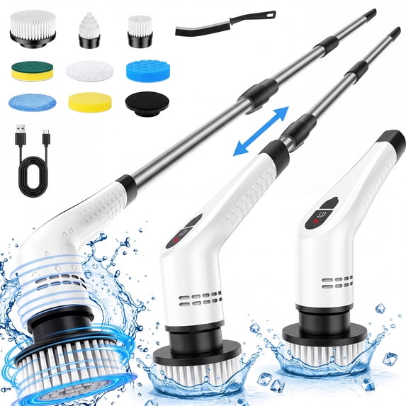 Electric Spin Scrubber, Cordless Power Shower Scrubber with Extendable Handle, 9 Brush Heads, 2 Speeds, 90Min Runtime, Bathroom Cleaning Brush for Tub Tile Floor Glass Car