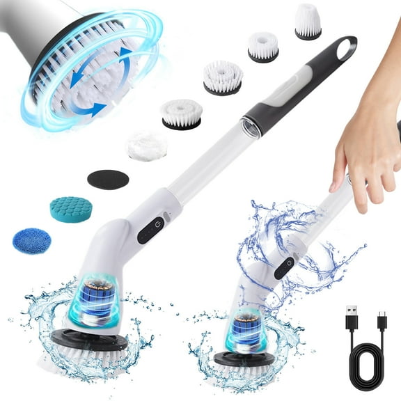 Electric Spin Scrubber High-Speed Rechargeable Cleaning Brush | 7 Replaceable Brush Heads | Adjustable Extension Handle | Cordless Power Bathroom Floor Tile Grout Tool | White | IPX7 Waterproof