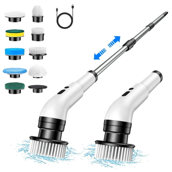 Electric Spin Scrubber, IPX7 Waterproof Power Shower Scrubber with Extension Handle, 8 Replaceable Brush Heads & 3 Hard Bristle Crevice Cleaning Brushes Cleaning Supplies for Bathroom Tub Tile Floor