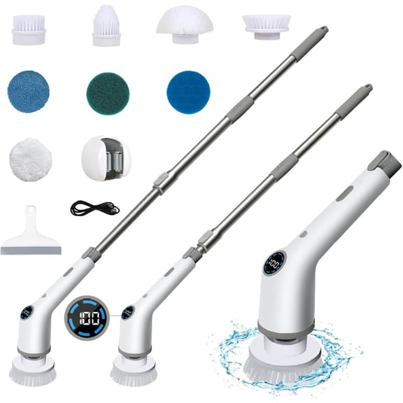 Electric Spin Scrubber, New Cordless Shower Scrubber with 9 Replacement Head, Plus Water Scraper, Mop Holder, 3 Adjustable Speeds and Adjustable Extension Handle for Bathtub Kitchen Floor