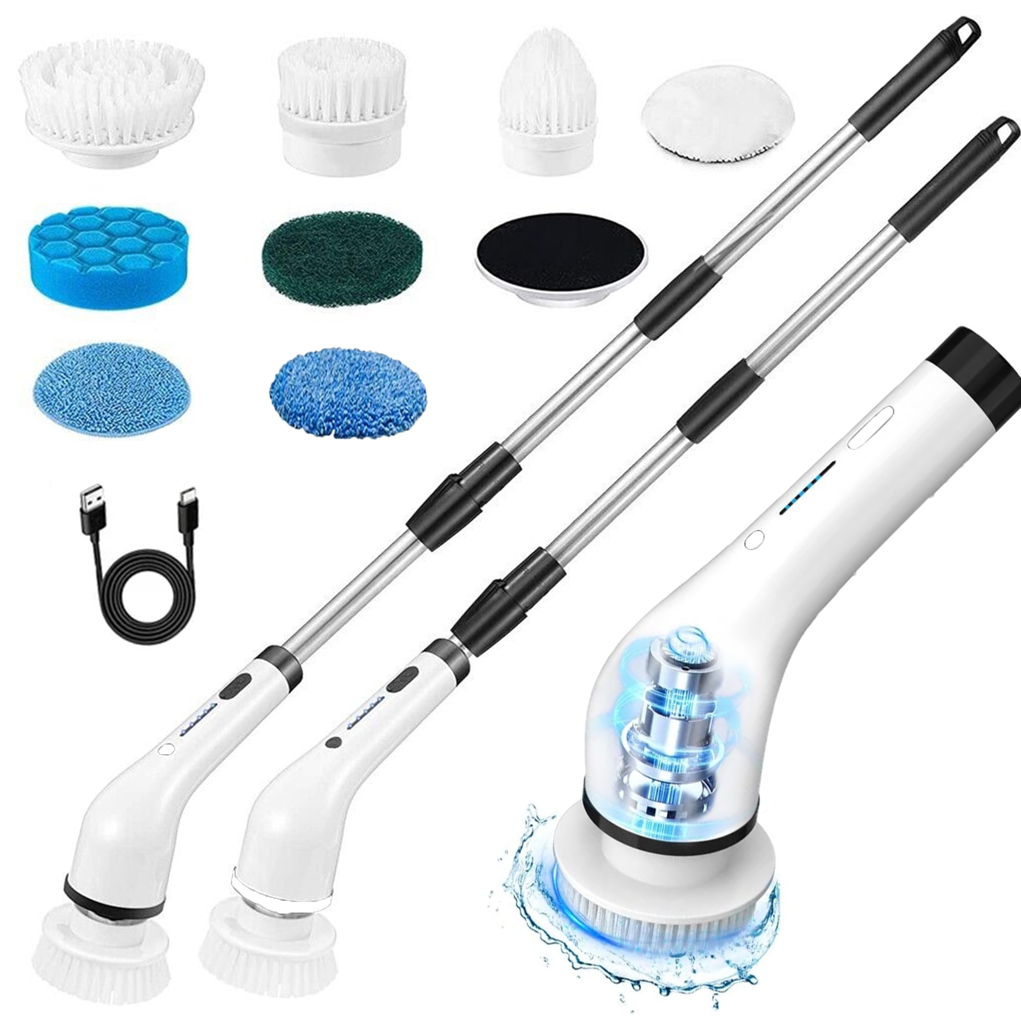 White Cordless Electric Spin Scrubber with Stainless Steel Handle and 8 Brush Heads