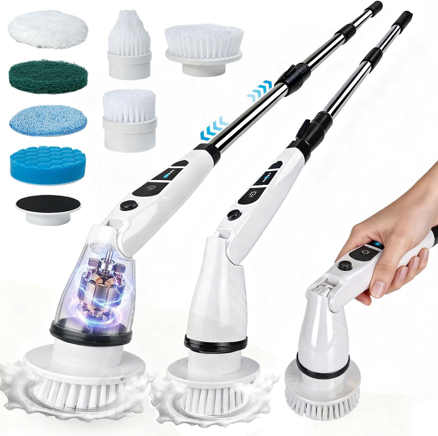 Electric Spin Scrubber, Shower Scrubber with Long Handle, 7 Brush Heads, 2-Speed Cordless Bathroom Cleaning Brush, 54in Extendable Electric Cleaning Brush for Tub, Floor, Kitchen & Barbecue Grill