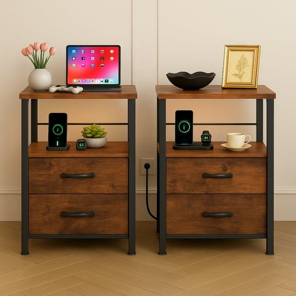UNTIMATY Nightstand for Bedroom Set of 2 with Charging Station Bed Side Table with USB Ports and LED Light 2 Drawers Nightstand for Dorm, Rustic Brown