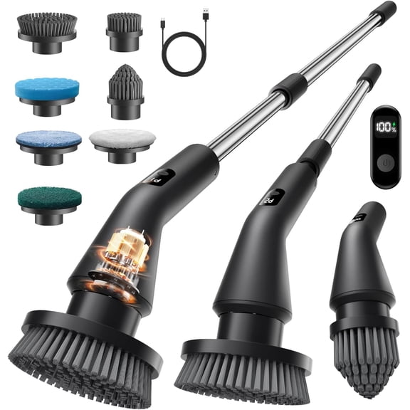 Electric Spin Scrubber, Upgraded IPX7 Cordless Cleaning Brush for Bathroom Shower, Household Cleaning Scrubber with 7 Brush Heads, Adjustable Long Handle and 2 Rotating Speeds for Tub Floor
