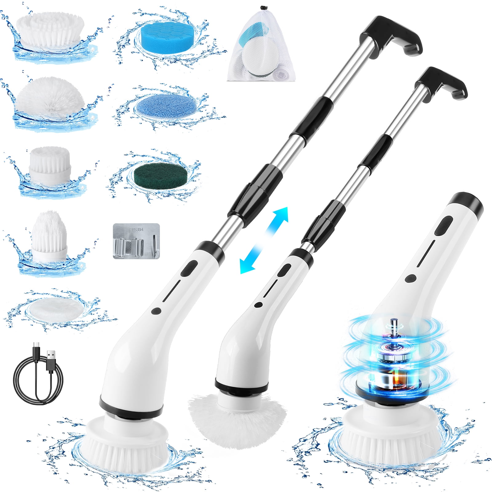 White Cordless Electric Spin Scrubber with Stainless Steel Handle and 8 Brush Heads