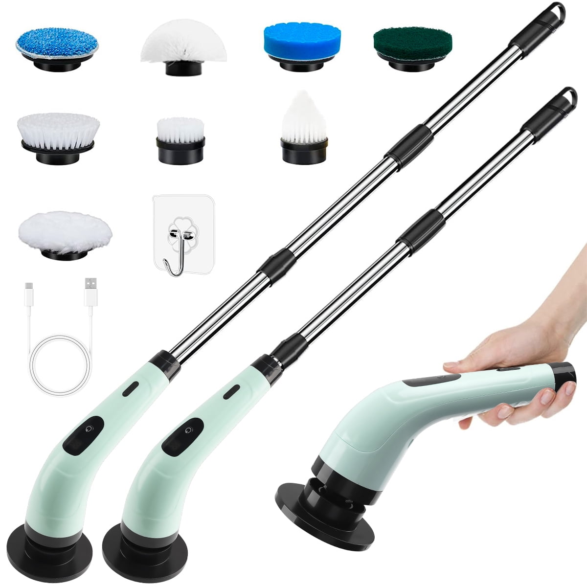 Electric Spin Scrubber, Waterproof Cordless Cleaning Brush Scrubber with Power LCD Display, 8-in-1 Brush Heads- 4-Section Handle Electric Cleaning Brush for Bathroom, Tub, Floor, Car,Blue