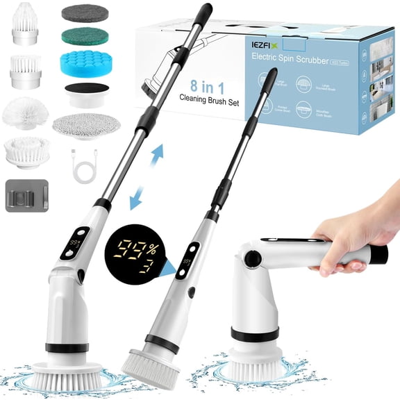 Electric Spin Scrubber X01 + Cleaning Brush Set, 8 Heads 3 Speeds Cordless Power Cleaner for Bath Tile Grout