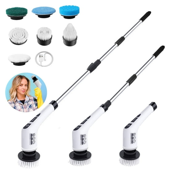 Electric Spin Scrubber with 7 Heads Detachable as Short Handle&Extension Handle for Tub, Tile, Wall, Bathroom