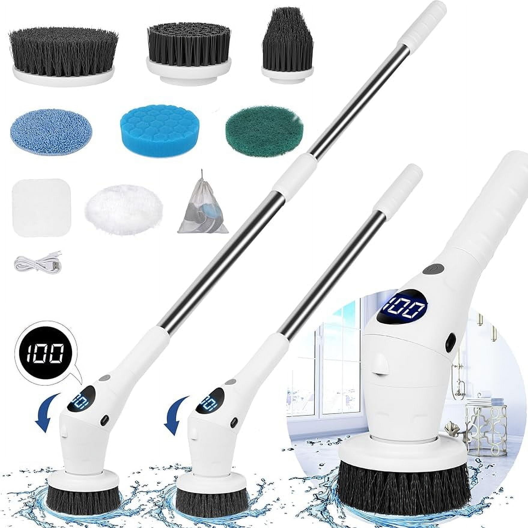 White Electric Spin Scrubber with Carbon Fiber Bristles and Adjustable Handle